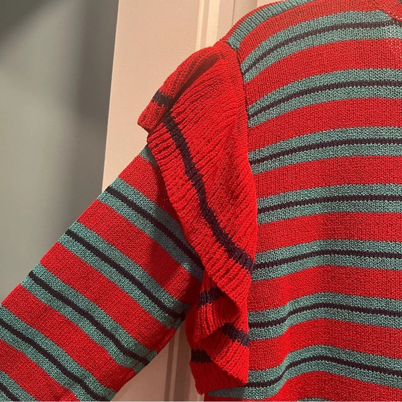 Anthropologie Harlyn Red Blue Striped 
Ruffle Shoulder Sweater. Size Medium. - Picture 9 of 14